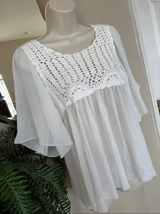Dress Barn White Crochet Yoke Flutter Sleeve Blouse Open Knit Sheer Flowy Boho - Picture 3 of 12